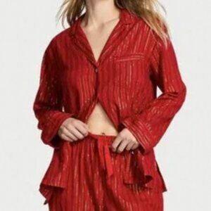 Victoria's Secret Flannel Pajama Top - Metallic Red Stripes - XL Long - NWT